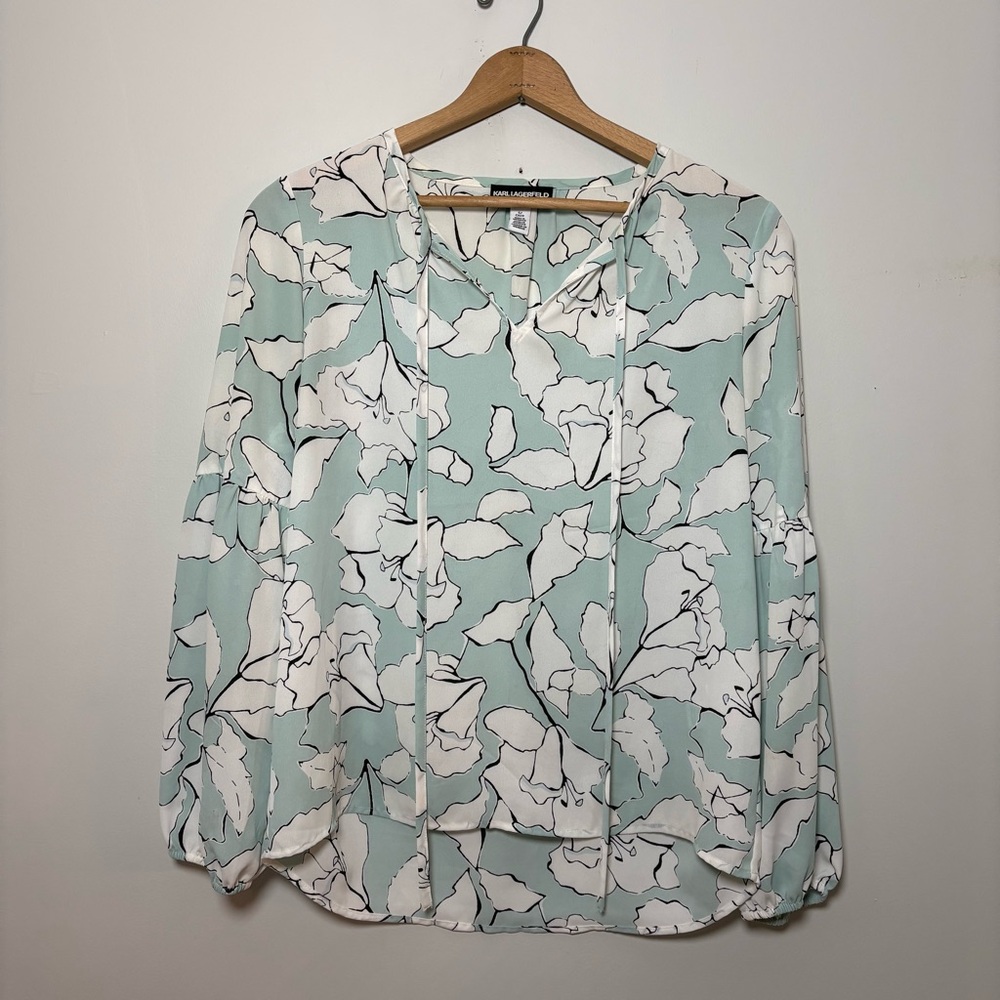 Karl Lagerfeld Paris Mint Floral Tie-Neck Balloon Sleeve Chiffon Blouse Sz Sm